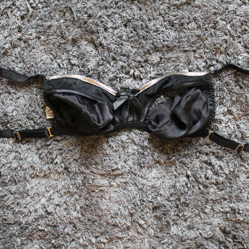 SOLD Bordelle strappy black 24k gold peep silk soft mesh bra bralette S Small